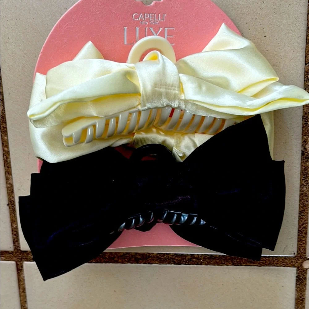NWT Capelli Luxe Satin Bow Hair claw Clips in Cream and Black